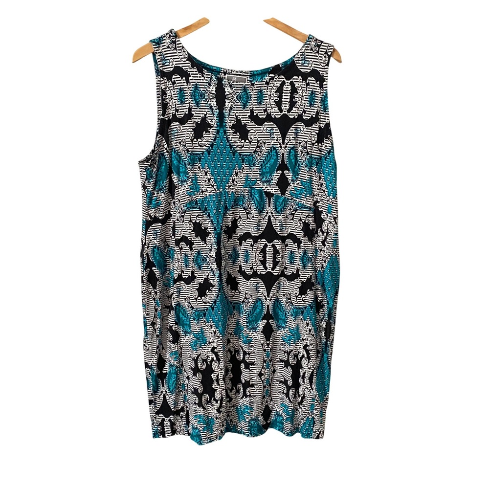 JM Collection Womens XL Teal Black White Damask Geometric Sleeveless Shift Dress